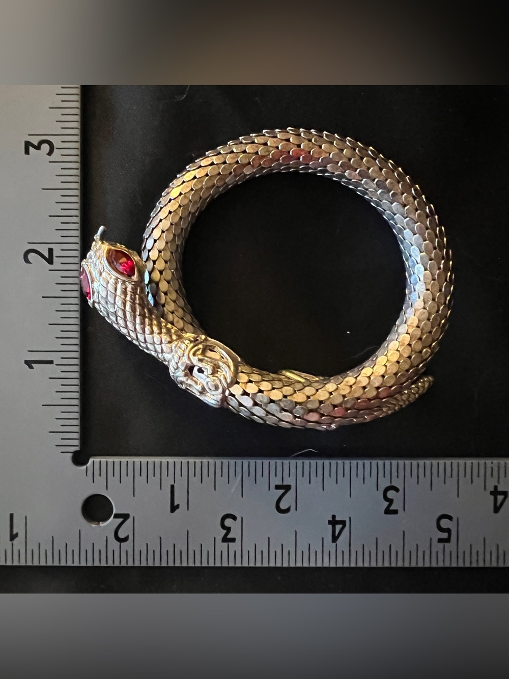 True Vintage Silver Mesh Serpent Snake Bracelet Bangle Wrap Red Crystal Eyes - Picture 4 of 8
